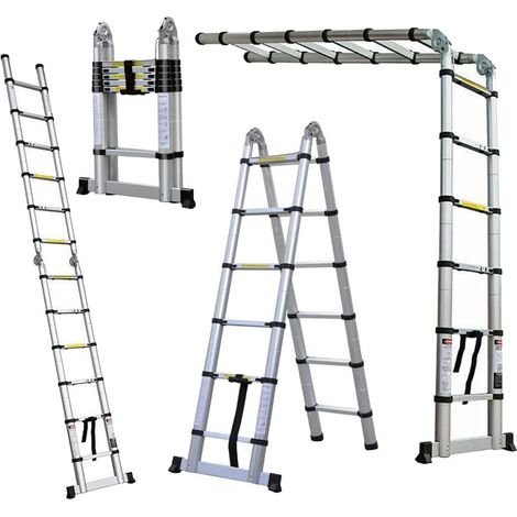 Échelle télescopique pliable en aluminium – 6 marches – Charge maximale 150 kg – Longueur déployée 3,8 m – Antidérapante EN131 (1/5)