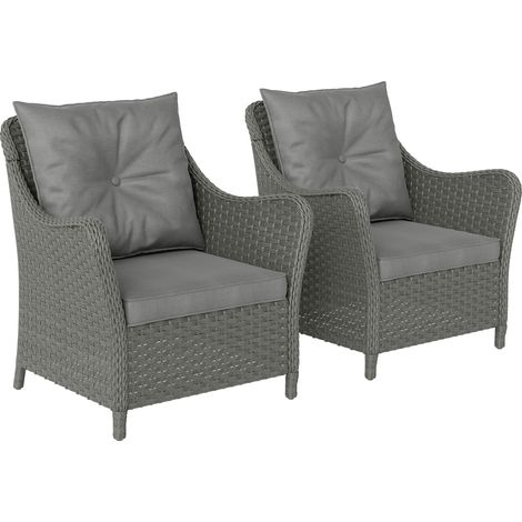 Outsunny Rattan Garden Chairs Set of 2, Outdoor Rattan Chairs with Cushions, Armrests and High Back, PE Wicker Garden Armchair with Steel Frame for Balcony, Porch, Dark Grey