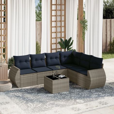 7-teiliges Gartensofa-Set mit Kissen, grau, Polyrattan