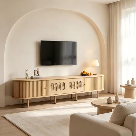 Meuble TV ovale 180 x 40 x 40 cm en bois clair, design rotin, deux portes d'armoire, deux portes coulissantes, meuble TV bas, meuble de salon, MDF, compatible avec les téléviseurs jusqu'à 75 pouces. (1/5)