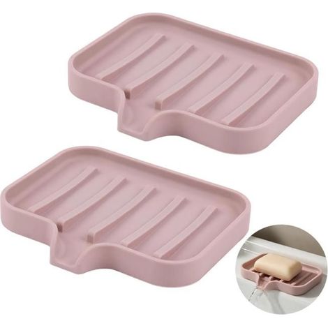 2 pièces porte-savon silicone salle de bain avec évacuation, rose. Antidérapant, facile à nettoyer, support incliné pour douche. (1/5)