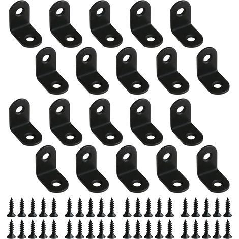 Lot de 20 Équerre de Fixation en Métal 25x25mm, Equerre Angle Support en Forme de L avec 40Pcs Vis, Connecteur D'Angle pour la Fixation et la Réparation Meubles, Étagères, Armoire, Bois (Noir) (1/5)