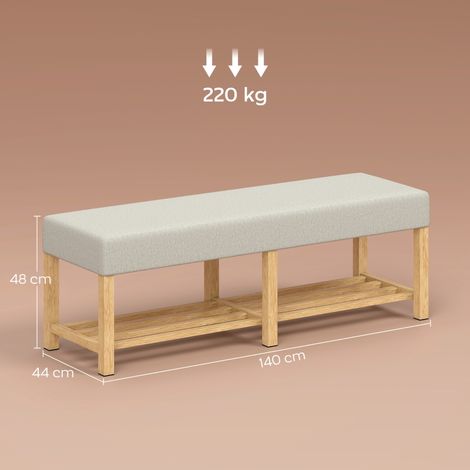 Banc à chaussures de 140 cm en bois massif,banquette de couloir moderne avec siège rembourré pour deux personnes,bois naturel et blanc crème