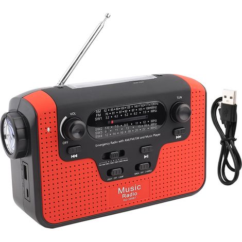 Solarbetriebenes FM/AM-Radio mit Handkurbel, Bluetooth, Freisprecheinrichtung und Speicherkartenleser – Rot (1/5)