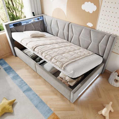 Lit coffre rembourré 90x200 cm hydraulique, LED, USB Type-C, lit enfant avec sommier à lattes pour chambre, velours gris foncé (1/5)
