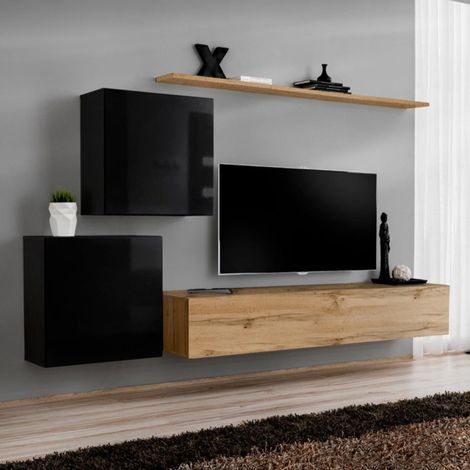 Meuble TV Mural Design "Switch V" 250cm Noir & Naturel (1/4)