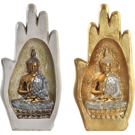 Deko-Figur DKD Home Decor Antiker Finish Grau Gold Buddha Harz Orientalisch (10 x 7,2 x 20,9 cm) (2 Stück)