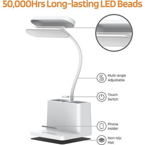 Lampe de bureau LED avec porte-stylo, lampe de bureau Axx pour ordinateur/bureau - Blanche, rechargeable, respectueuse des yeux, col de cygne flexible - Lampe de chevet pour la lecture
