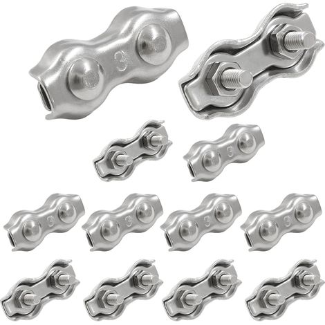 Lot de 12 serre-câbles à double boucle en acier inoxydable, M3, adaptés aux clôtures en câble d'acier de 2 mm à 4 mm de diamètre. (1/5)