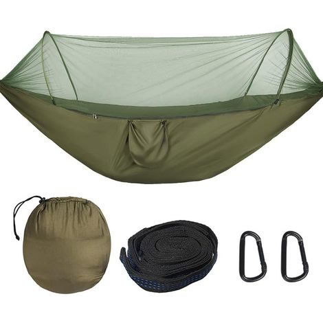 Hamac d'extérieur avec moustiquaire Hamac de voyage en nylon Charge maximale de 300 kg 260 x 140 cm Accessoires de camping pour l'extérieur, intérieur avec sangles d'arbre (olive) (1/5)