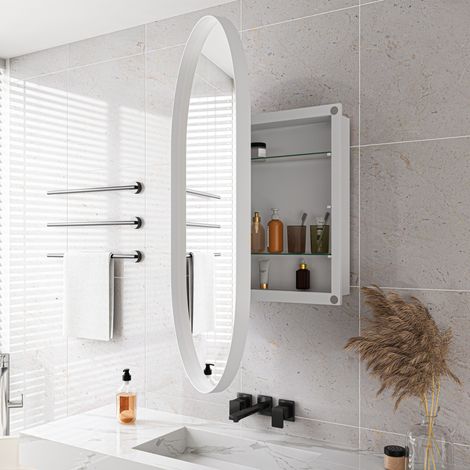 Mueble de baño espejo ovalado 85 x 51,5 x 12 cm, blanco, con estantes ajustables DESVIAE (1/5)