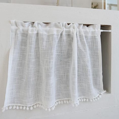 Tenda da cucina corta compatibile con finestre piccole, in lino, cotone, trasparente, semplice, bianca con striscia di chiusura a nappe, pannello per tenda, asta (1/5)