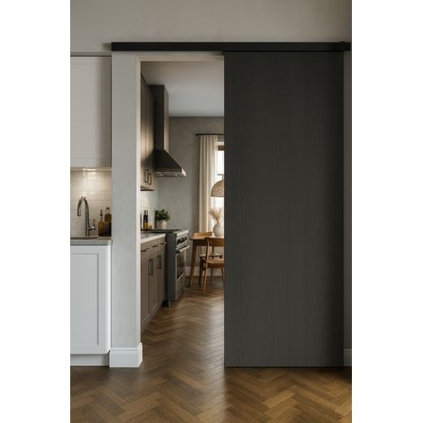 Porte Coulissante Effet Chêne Anthracite Grey Oak H204 X L73 Cm, Rail Alu Bandeau Noir Gd Menuiseries