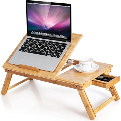 COSTWAY Bambus Laptoptisch klappbar, Notebooktisch höhenverstellbar & neigbar & belüftet, Lapdesk mit Schublade, Faltbare Betttisch für Lesen Frühstücks, Natur, 53 x 33 x 20-26,5 cm (1/5)