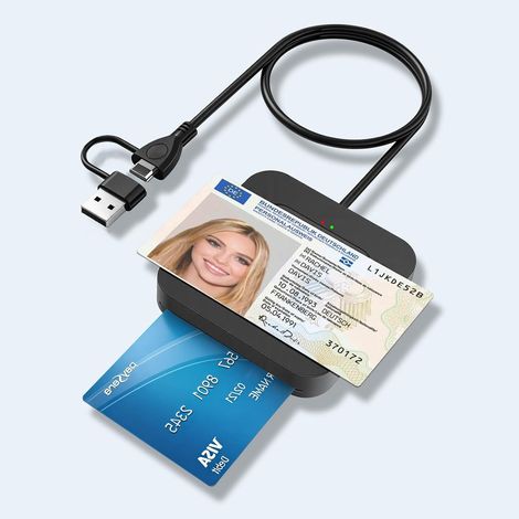 Lecteur Cartes USB NFC Lecteur Cartes Puce Lecteur Cartes SIM 2-en-1 USB-A/C Compatible Windows 11 Linux Android Cartes Identité Cartes Médicales Cartes Bancaires (1/5)