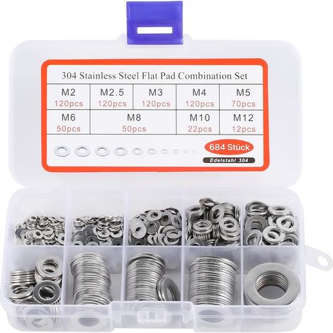 684 Stück flache Metallscheiben aus Edelstahl, für Türscharniere, 9 Größen 304 Edelstahlscheiben - M2 M2,5 M3 M4 M5 M6 M8 M10 M12 Edelstahl-Karosseriescheibe (1/5)