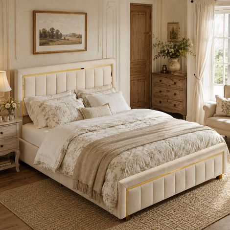 Lit coffre double adulte 140x200 cm avec tête de lit rayée à bord doré, rangement hydraulique, velours beige (1/5)