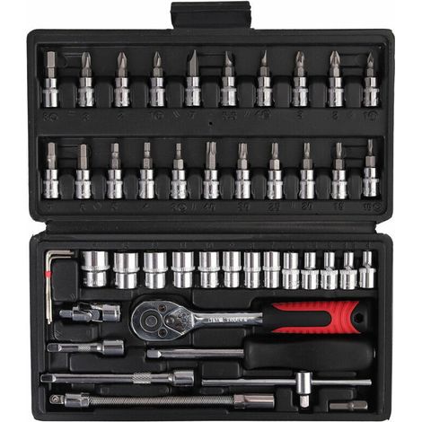 Clé dynamométrique 1/4", clé dynamométrique entièrement réglable avec tête à cliquet 5-25 Nm et coffret de 46 outils à main, petit jeu de clés à molette, coffret à cliquet