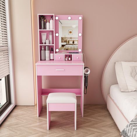 Toeletta con specchio a LED 60x38x132 cm - Tavolino da trucco con presa, supporto per asciugacapelli e sgabello - Rosa (1/5)
