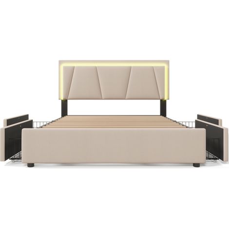 Lit double beige 140x200 cm avec LED, 4 tiroirs et tête de lit réglable en hauteur, cadre en fer avec sommier à lattes en bois sans matelas (1/5)
