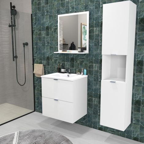 Waschtischunterschrank MALAGA 60 cm + Waschbecken + Spiegel + Säule / Weiss/
