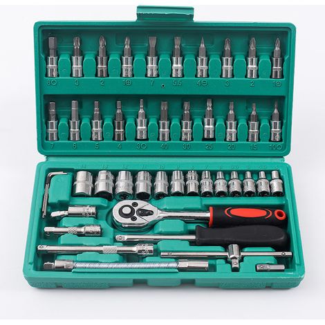 Ensemble de Clés à Douille, Jeu d'Outils Mécaniques pour Voiture et Moto, Kit Bricolage Domestique avec Petit Carré d'Entraînement, 46 pièces