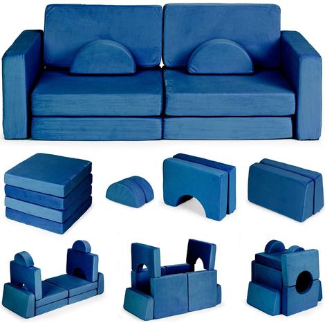 Divano modulare per bambini con 10 cuscini, blu, 2 posti