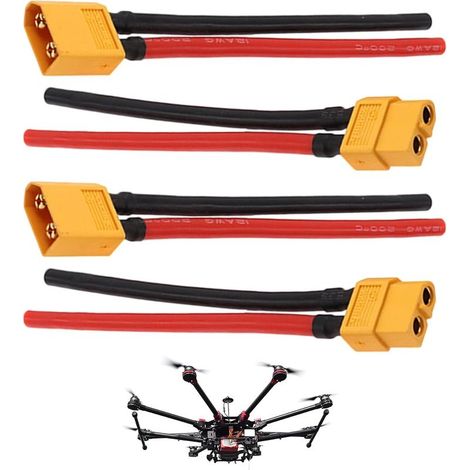 2 Paires XT60 Connecteur Mâle Femelle avec Câble en Silicone 100mm 14AWG, XT60 Adaptateur de Connecteurs avec Fil 10cm 14AWG, pour Batterie Lipo, FPV Drone, Voitures RC, Modélisme RC (1/5)