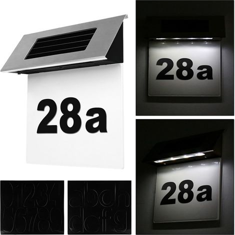 Lampe de numéro de plaque de porte solaire en acier inoxydable à 4 LED, éclairage de signe de lettres blanc froid (6000K) pour signe de numéros de porte de maison
