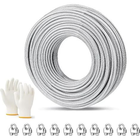 Cable Acier 6mm Câbles Métalliques Cable Inox avec Manchons de Sertissage Âme de 7×19 Brins pour Fil de Clôtur Fil a linge Fil Inox pour Plantes Grimpantes Suspension (1/5)