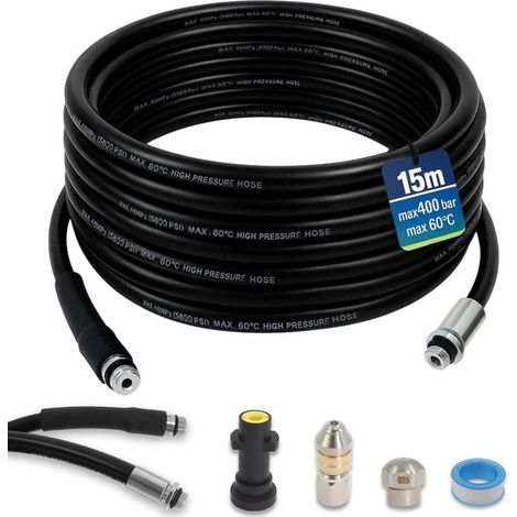 Furet déboucheur canalisation 15m 400 Bar compatible Karcher K2-K7 – Tuyau flexible haute pression avec accessoires pour nettoyage de tuyauterie (1/4)