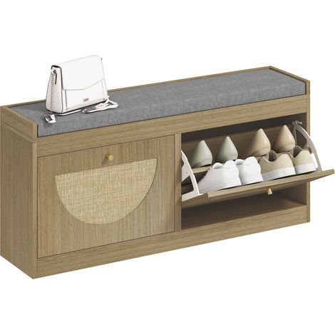 Banquette à chaussures avec portes de siège rembourrées, naturelles, étagère réglable avant en rotin pour 8 paires de chaussures