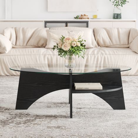 Table d'appoint ovale moderne en verre trempé – Design multifonctionnel. Structure en forme d'éventail. Pieds en MDF avec finition effet bois noir. Idéale pour les salles à manger, les bureaux, etc. (1/5)