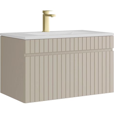 Meuble de salle de bain suspendu strié beige avec vasque à encastrer et robinet - 80 cm - SATARA (1/5)