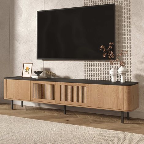 Meuble TV 190 cm, chêne et noir, 4 portes ajourées, rangements multiples, pieds en métal, meuble bas moderne pour salon (1/5)