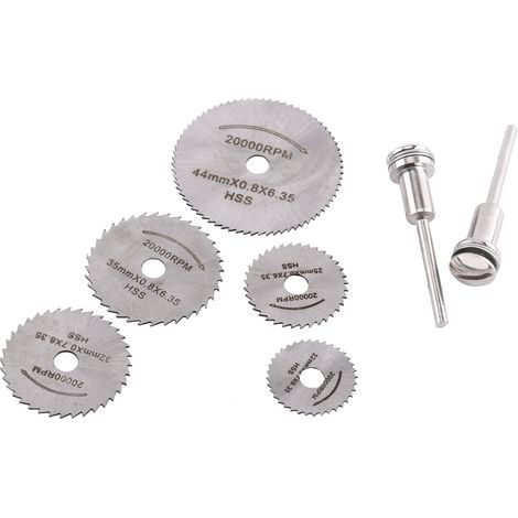 7pcs 22mm/25mm/32mm/35mm/44mm Kit Mini Lames de Scie Circulaire Disque de Coupe en Bois Lames de Coupe de Scie en Plastique à Grande Vitesse avec 2 Barres (1/5)