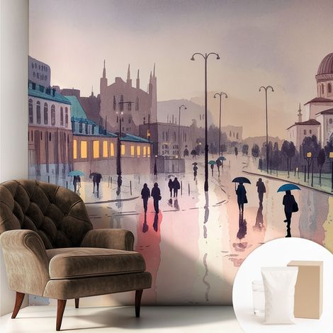 Papier peint intissé décoratif avec colle pour salon chambre et bureau Installation rapide Promenade sous la pluie 250x250 cm (1/5)