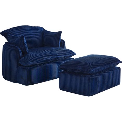 Poltrona singola compressa con pouf in tessuto effetto velluto a coste blu (1/5)