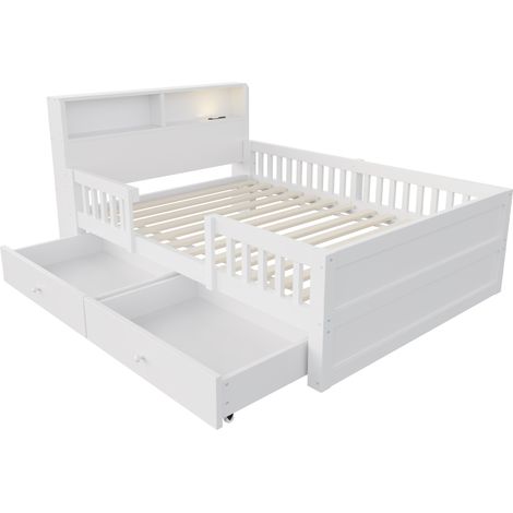 Cama infantil 90 x 190 cm con LED, USB-C, almacenaje y 2 cajones, pino blanco (1/5)