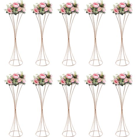 Lot de 10 présentoirs à fleurs en métal doré forme de trompette, support colonne de décoration, pour centre de table, mariage, cérémonie et fête - 80 cm haut (1/5)