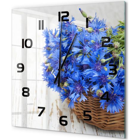 Grande Horloge Murale Carrée pour Cuisine Verre Trempé Silencieuse Décoration Moderne Bleuets dans un panier 60x60 cm (1/5)
