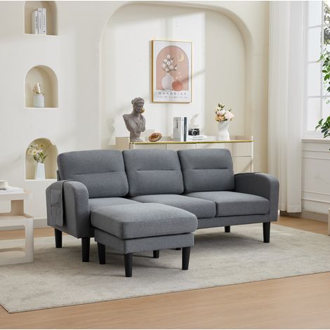 Sofa rinconera 204/136/80 cm gris en L, 3 plazas con chaise longue y bolsillos de almacenaje (1/5)