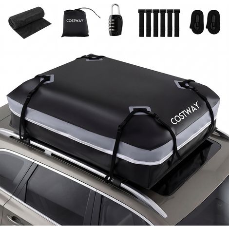 Costway – Coffre de toit voiture étanche 600 L – Tissu PVC résistant – 6 crochets de porte – Cadenas antivol et bandes réfléchissantes