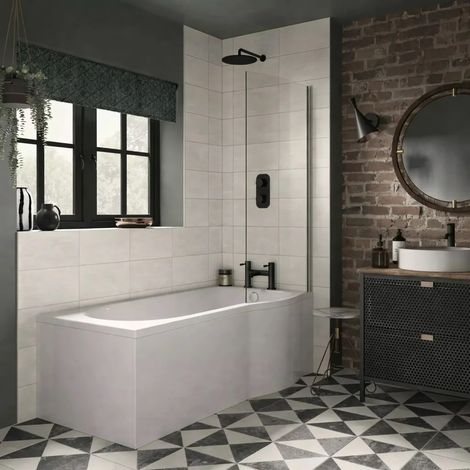 P Shaped Shower Bath With Panel and Glass Bath Screen Acrylic Right Hand Bath, With End Panel (1/3)