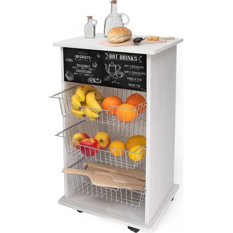 Lupia - Carrello Cucina Multifunzione Bianco WHITE BLACKBOARD, Portafrutta Ruote Piroettanti, Piano di Appoggio, tre Cestelli Estraibili in Acciaio, Legno 40X45H85 cm montato (1/4)