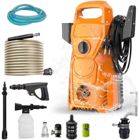 Nettoyeur haute pression 1500W, 135 bars, 3 modes, avec tuyau et buse de 10 mètres, convient pour le nettoyage des voitures et des terrasses, orange. (1/5)