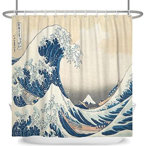 180x180cm Japonais Océan Vagues Rideau de Douche - Résumé Mer Bois Bateau Ukiyo-e Thème Fuji Mont pour Salle de Bains - Polyester avec Crochets (1/4)