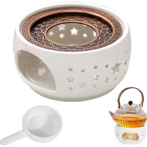 Chauffe-théière en Céramique, Réchaud pour Théière avec Porte-Bougie et Tapis de Poêle, Chauffe-thé en Porcelaine Théière Réchauffeur pour Conservation de Chaleur Café Thé Lait (Étoile) (1/5)