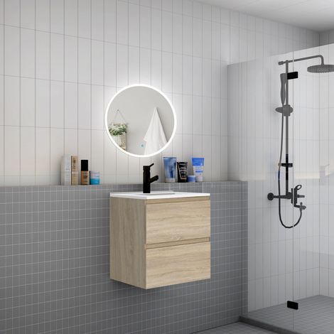 AICA Mueble de baño con lavabo,dos cajones, 60 x 38,5 x 52cm,roble,lavabo de cerámica