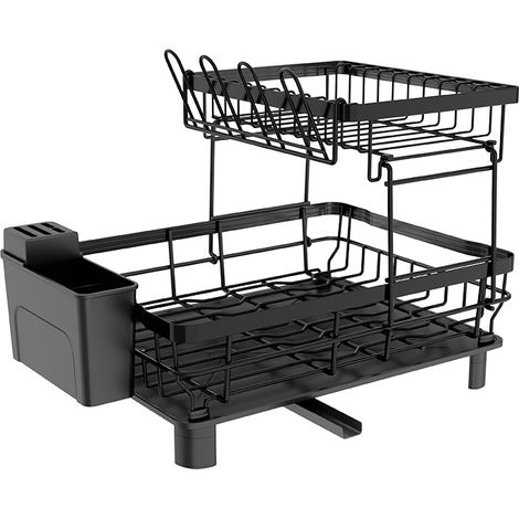 Égouttoir Vaisselle Cuisine 2 Niveaux avec Plateau Égouttoir et Porte-Couverts, Organisateur Assiettes Bols, Noir (1/4)